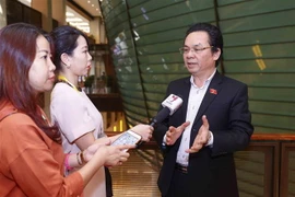Phóng viên phỏng vấn đại biểu Quốc hội thành phố Hà Nội Hoàng Văn Cường bên hành lang Quốc hội. (Ảnh: Doãn Tấn/TTXVN)
