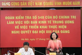 Bà Trương Thị Mai, Ủy viên Bộ Chính trị, Bí thư Trung ương Đảng, Trưởng Ban Tổ chức Trung ương, Trưởng đoàn kiểm tra phát biểu tại buổi làm việc. (Nguồn: Ban Kinh tế Trung ương)