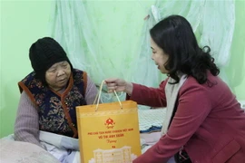 Phó Chủ tịch nước Võ Thị Ánh Xuân tặng quà Mẹ Việt Nam Anh hùng Nguyễn Thị Kim. (Ảnh: Quang Duy/TTXVN)
