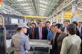 Phó Chủ tịch Quốc hội Nguyễn Đức Hải cùng Đoàn đại biểu Quốc hội và Thượng viện Campuchia thăm nhà máy của THACO. (Ảnh: Trần Tĩnh/TTXVN)