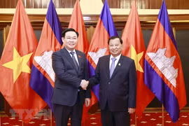 Chủ tịch Quốc hội Vương Đình Huệ hội kiến Chủ tịch Thượng viện Campuchia Samdech Say Chhum. (Ảnh: Doãn Tấn/TTXVN)