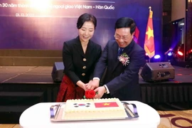 Phó Thủ tướng Thường trực Chính phủ Phạm Bình Minh với Đại sứ Đặc mệnh toàn quyền Hàn Quốc tại Việt Nam Oh Young-ju cắt bánh chào mừng. (Ảnh: Phạm Kiên/TTXVN)