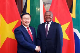 Phó Thủ tướng Chính phủ Vương Đình Huệ và Phó Tổng thống nước Cộng hòa Nam Phi David Mabuza. (Ảnh: Phi Hùng/TTXVN)