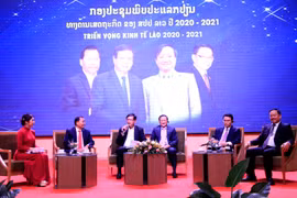 Các diễn giả đang giải đáp các thắc mắc của các doanh nhân tại buổi tọa đàm. (Ảnh: Phạm Kiên/TTXVN)