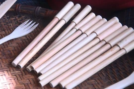 Ngoài sản xuất ống hút, anh Lê Xuân Hà còn sản xuất thêm các sản phẩm khác thân thiện với môi trường như bút, thìa, dao, dĩa... bằng tre luồng. (Ảnh: Khiếu Tư/TTXVN)