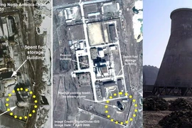 Khu vực lò phản ứng hạt nhân Yongbyon của Triều Tiên được chụp từ vệ tinh (trái) và tháp làm mát (phải). (Nguồn: EPA/TTXVN)