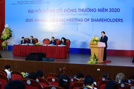 Ông Lê Đức Thọ, Chủ tịch Hội đồng quản trị VietinBank phát biểu tại Đại hội. (Ảnh: CTV/Vietnam+)