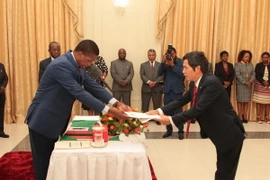 Đại sứ Việt Nam Nguyễn Mạnh Cường trình Quốc thư lên Tổng thống Cộng hòa Zambia Edgar Lungu. (Ảnh: Mạnh Hùng/Vietnam+)