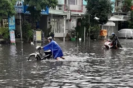 Đường Hồ Học Lãm (quận Bình Tân) chìm trong biển nước. (Ảnh: Hồng Giang/TTXVN)