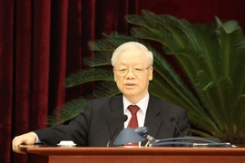 Tổng Bí thư Nguyễn Phú Trọng phát biểu bế mạc Hội nghị lần thứ tám Ban Chấp hành Trung ương Đảng Cộng sản Việt Nam khóa XIII. (Ảnh: Trí Dũng/TTXVN)