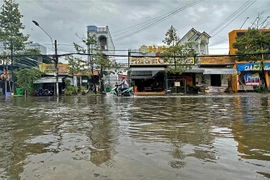 Nhiều tuyến đường nội ô thành phố Cà Mau tiếp tục chịu ngập lụt ở độ sâu từ 15-45cm. (Ảnh: Huỳnh Anh/TTXVN)