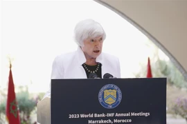 Bộ trưởng Tài chính Mỹ Janet Yellen tại cuộc họp báo ở Marrakech, Maroc. (Ảnh: Kyodo/TTXVN)