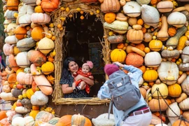 Du khách thích thú chụp ảnh trong hững ngôi nhà được làm từ bí ngô. (Ảnh: THX/TTXVN)