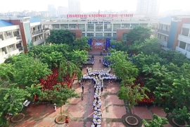 Xếp hình lá cờ tổ quốc khổng lồ tại trường Lương Thế Vinh. (Ảnh: Tùng Lâm/Vietnam+)