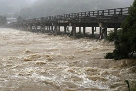 Nước lũ chảy xiết dưới cầu Togetsukyo ở Kyoto, miền Tây Nhật Bản ngày 6/7. (Nguồn: EPA/ TTXVN)
