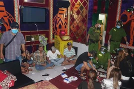 Các đối tượng cùng tang vật bị lực lượng Công an bắt quả tang. (Ảnh: Công Mạo/TTXVN)