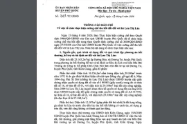 Thông cáo báo chí số 749/TC-UBND về việc tổ chức thực hiện cưỡng chế thu hồi đất đối với bà Lưu Thị Lúa. (Nguồn: Vietnam+)