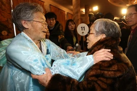 Cụ Kim Sung-yun, 95 tuổi từ Hàn Quốc vui mừng gặp lại em gái Kim Suk-ryeo, 79 tuổi, từ Triều Tiên trong buổi đoàn tụ gia đình ly tán ở khu nghỉ mát núi Kumgang, Triều Tiên ngày 20/2/2014. (Ảnh: Yonhap/TTXVN)