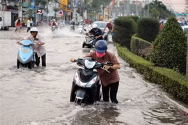 Triều cường gây ngập sâu trên đường Mậu Thân, quận Ninh Kiều vào giờ tan tầm khiến việc đi chuyển rất khó khăn. (Ảnh: Thanh Liêm/TTXVN)