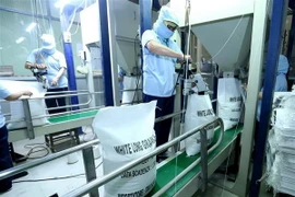 Đóng bao sản phẩm gạo xuất khẩu tại công ty Lương thực Sông Hậu (Sông Hậu Food), thành phố Cần Thơ. (Ảnh: Vũ Sinh/TTXVN)