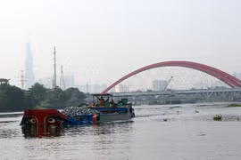 Tàu thuyền trên 300 tấn phải neo đậu trước cầu Bình Lợi khoảng 1km để đợi nước thủy triều xuống mới qua được cầu Bình Lợi do tĩnh không của cầu thấp. (Ảnh: Huy Hùng/TTXVN)