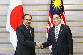 Thủ tướng Nhật Bản Fumio Kishida (phải) và Thủ tướng Malaysia Anwar Ibrahim tại cuộc hội đàm ở Tokyo ngày 16/12/2023. (Ảnh: Kyodo/TTXVN)