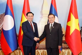 Chủ tịch Quốc hội Vương Đình Huệ và Chủ tịch Quốc hội Lào Saysomphone Phomvihane chụp ảnh chung. (Ảnh: Doãn Tấn/TTXVN)