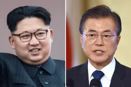 Nhà lãnh đạo Triều Tiên Kim Jong-un (trái) và Tổng thống Hàn Quốc Moon Jae-in. (Nguồn: TTXVN phát)