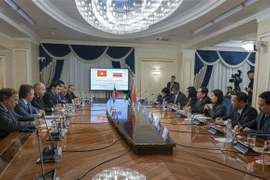 Quang cảnh cuộc gặp giữa Chủ tịch MTTQ Việt Nam và Phó Chủ tịch Hội đồng Liên bang Nga. (Ảnh Dương Trí/TTXVN)