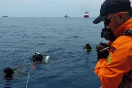 Nhân viên Cơ quan tìm kiếm cứu hộ quốc gia Indonesia tìm kiếm xác máy bay Lion Air JT 610 ở vùng biển ngoài khơi tỉnh Tây Java (Indonesia) ngày 29/10/2018. (Ảnh: AFP/ TTXVN)