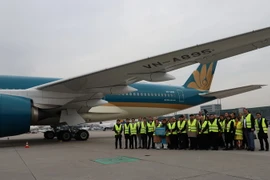 Quang cảnh lễ khai trương dòng máy bay Airbus A350 của Vietnam Airlines tại sân bay quốc tế Frankfurt, Đức vào ngày 9/1/2018. (Ảnh: Phạm Văn Thắng/TTXVN)