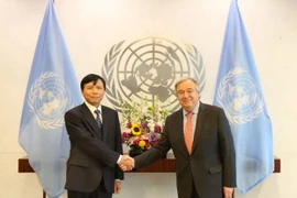 Đại sứ Đặng Đình Quý với Tổng Thư ký LHQ Antonio Guterres. (Ảnh: Hoài Thanh/TTXVN)