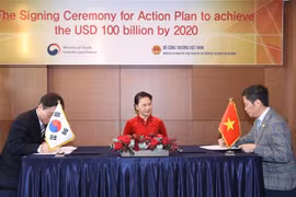Chủ tịch Quốc hội Nguyễn Thị Kim Ngân chứng kiến lễ ký chương trình hành động giữa Bộ Công Thương Việt Nam và Bộ Công nghiệp, Thương mại và Tài nguyên Hàn Quốc. (Ảnh: Trọng Đức/TTXVN)