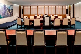 Quang cảnh Phòng hội nghị bên trong Nhà Hòa bình tại làng đình chiến Panmunjom, nơi sẽ diễn ra Hội nghị thượng đỉnh liên Triều lần thứ 3. (Nguồn: EPA-EFE/TTXVN) 