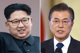  Nhà lãnh đạo Triều Tiên Kim Jong-un (trái) và Tổng thống Hàn Quốc Moon Jae-in (phải). (Nguồn: AFP/TTXVN)