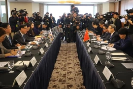 Thứ trưởng Kim Young-sam (thứ 3 trái) và Thứ trưởng Vương Thụ Văn (thứ 2 phải) tại vòng đàm phán ở Seoul. (Nguồn: YONHAP/TTXVN)
