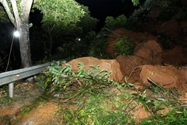 Hàng nghìn khối đất đá sạt lở tại Km 126 + 150 trên Quốc lộ 4D. (Ảnh: Quốc Khánh/TTXVN)