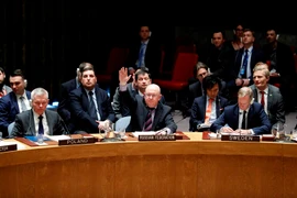 Đại sứ Nga tại LHQ Vassily Nebenzia (giữa, phía trước) tại phiên bỏ phiếu của Hội đồng Bảo an LHQ về tình hình Syria, ở New York (Mỹ) ngày 10/4. (Nguồn: THX/TTXVN)