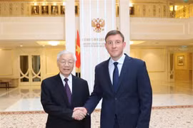Tổng Bí thư Nguyễn Phú Trọng hội kiến Phó Chủ tịch Hội đồng Liên bang Nga Andrey Turchak. (Ảnh: Trí Dũng/TTXVN)