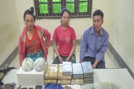 Các đối tượng cùng tang vật bị thu giữ tại cơ quan điều tra. (Ảnh: Xuân Tư/TTXVN)