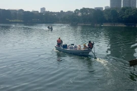 Công ty TNHH MTV Thoát nước Hà Nội đang xử lý chế phẩm tại hồ Nghĩa Tân. (Ảnh: Mạnh Khánh/TTXVN)