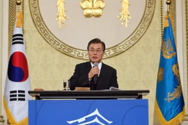 Tổng thống Hàn Quốc Moon Jae-in trong một cuộc họp báo ở Seoul. (Nguồn: YONHAP/TTXVN)