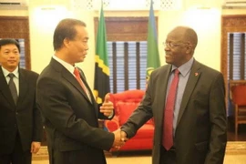 Đại sứ Việt Nam tại Tanzania Nguyễn Kim Doanh trình Quốc thư lên Tổng thống Tanzania John Magufuli. (Ảnh: Mạnh Hùng/Vietnam+)