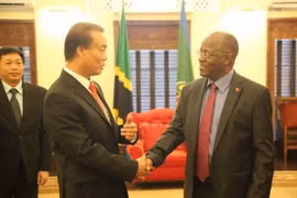 Đại sứ Việt Nam tại Tanzania Nguyễn Kim Doanh trình Quốc thư lên Tổng thống Tanzania John Magufuli. (Ảnh: Mạnh Hùng/Vietnam+)