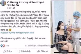 Hình ảnh đang lan truyền trên mạng xã hội về cô gái 'khoe' việc tiêm vaccine COVID-19 không cần đăng ký. (Ảnh chụp màn hình)