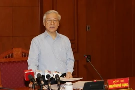 Tổng Bí thư Nguyễn Phú Trọng phát biểu tại cuộc họp. (Ảnh: Trí Dũng/TTXVN)