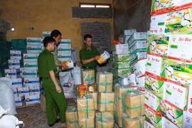 Lực lượng chức năng tiến hành kiểm tra số sản phẩm sai phạm. (Ảnh: Doãn Tấn/TTXVN)