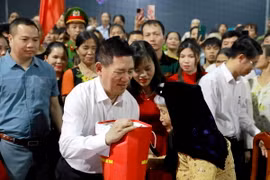 Phó Thủ tướng Hồ Đức Phớc tặng quà cho Mẹ Việt Nam Anh hùng Phùng Thị Độ. (Ảnh: Hoàng Hùng/TTXVN)