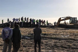 Lực lượng chức năng tại hiện trường vụ rơi máy bay của Hãng hàng không Ethiopian Airlines, gần Addis Ababa, Ethiopia, ngày 10/3/2019. (Ảnh: AFP/ TTXVN)