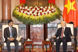 Tổng Bí thư, Chủ tịch nước Nguyễn Phú Trọng tiếp Ngài Suhail Mohamed Faraj Al Mazrouei, Bộ trưởng Năng lượng và Công nghiệp Các Tiểu vương quốc Arab Thống nhất (UAE). (Ảnh: Trí Dũng/TTXVN)
